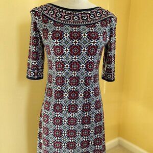 MAX STUDIO, EUC, red blue floral geometric stretch 3/4 sleeve, S